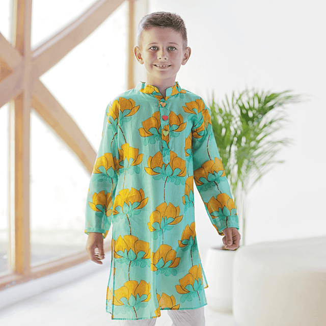 Imperial Kurta and Pajama Set - Turquoise and mustard lotus