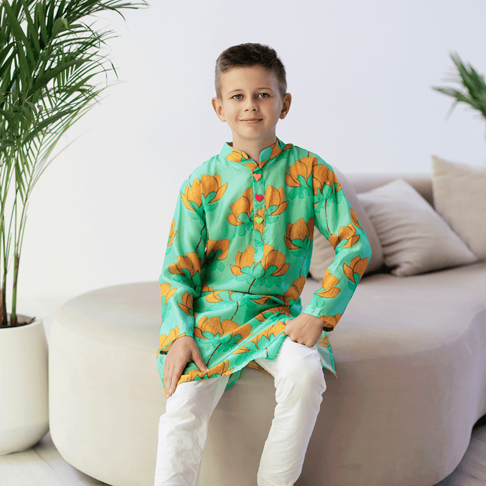 Imperial Kurta and Pajama Set - Turquoise and mustard lotus