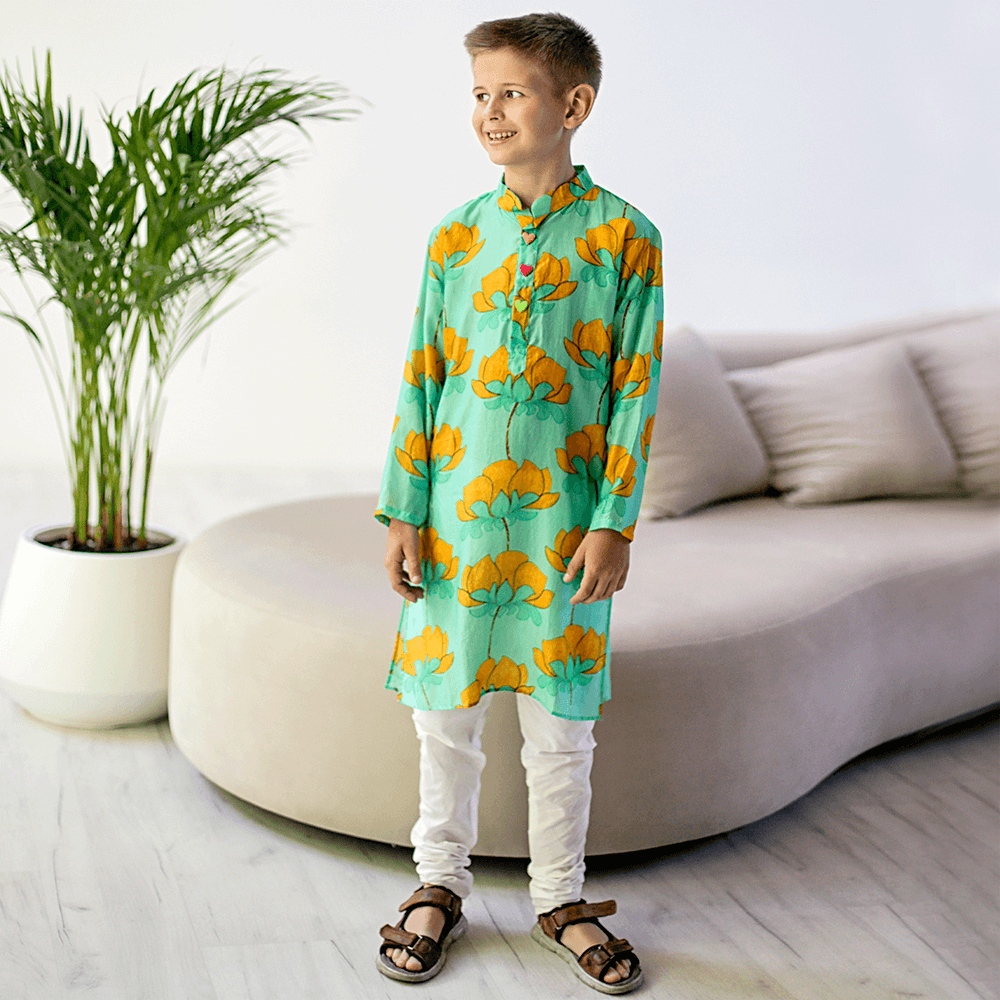 Imperial Kurta and Pajama Set - Turquoise and mustard lotus