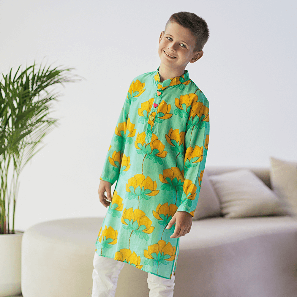 Imperial Kurta and Pajama Set - Turquoise and mustard lotus