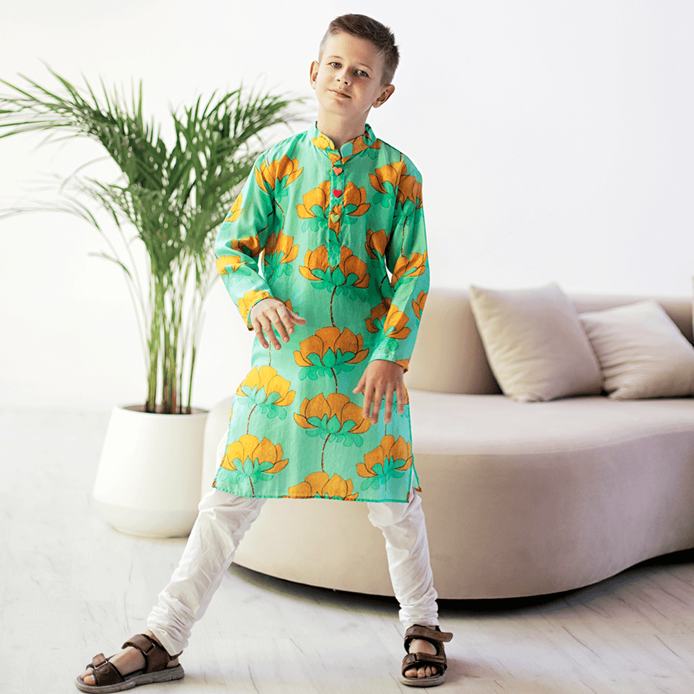 Imperial Kurta and Pajama Set - Turquoise and mustard lotus