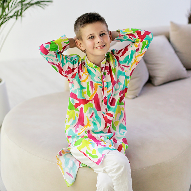 Imperial Kurta and Pajama Set - Multi-coloured splashes