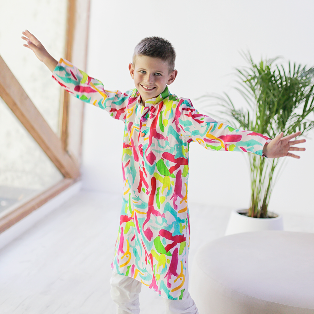 Imperial Kurta and Pajama Set - Multi-coloured splashes