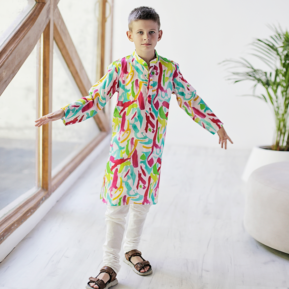 Imperial Kurta and Pajama Set - Multi-coloured splashes