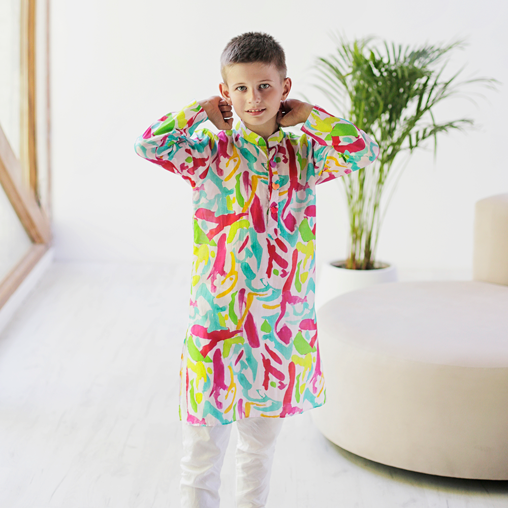 Imperial Kurta and Pajama Set - Multi-coloured splashes