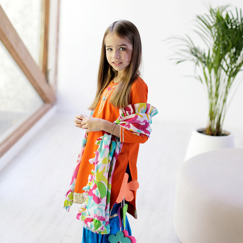 Marigold Sharara Set with Printed Dupatta - Orange blue lime green swirls