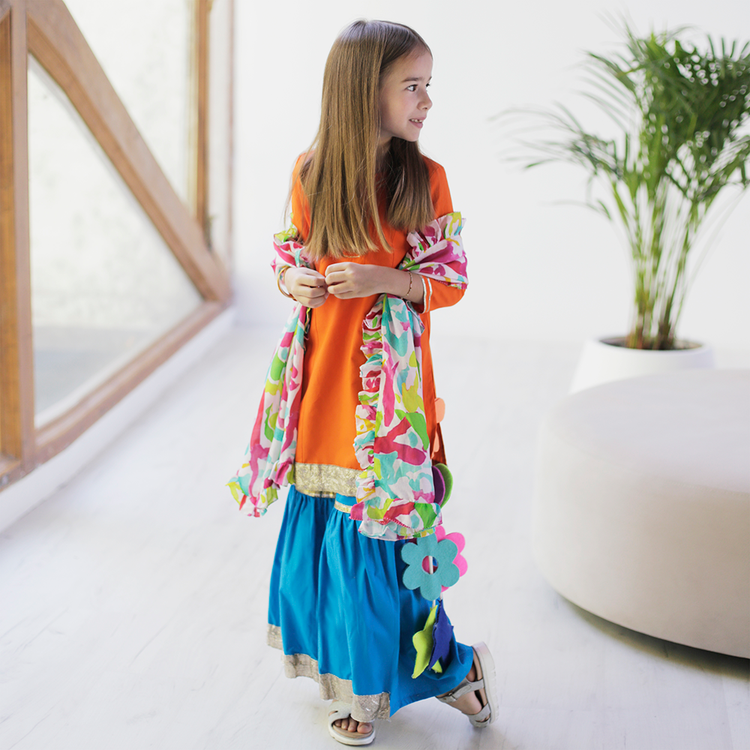 Marigold Sharara Set with Printed Dupatta - Orange blue lime green swirls