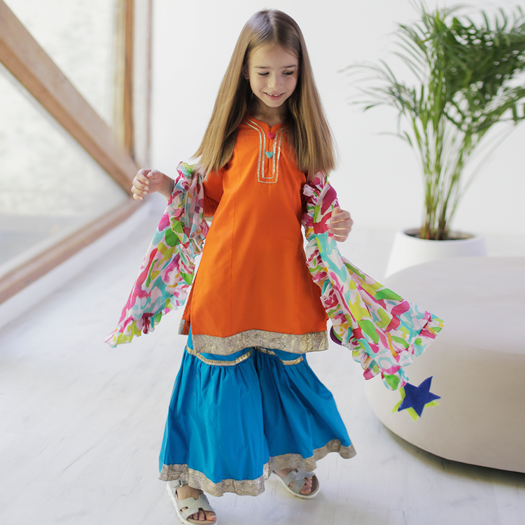 Marigold Sharara Set with Printed Dupatta - Orange blue lime green swirls