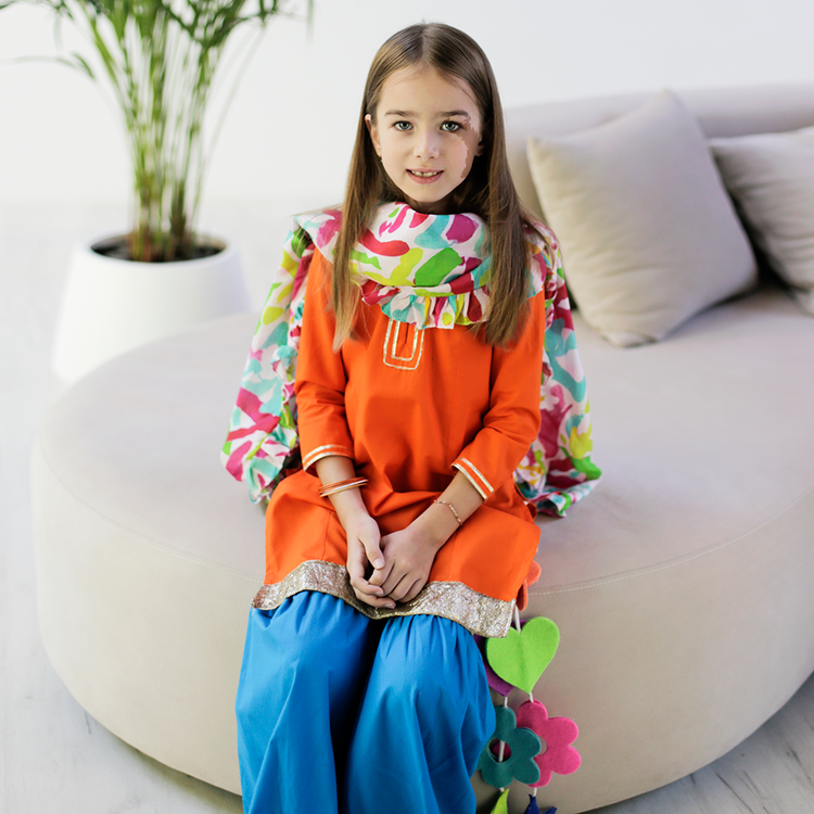Marigold Sharara Set with Printed Dupatta - Orange blue lime green swirls