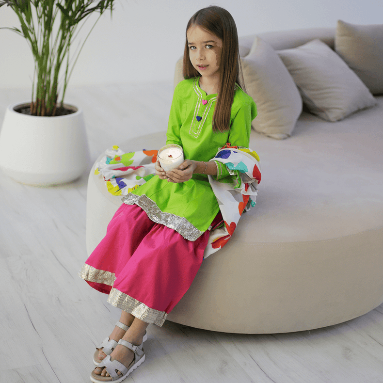 Marigold Sharara Set with Printed Dupatta - Green pink multi coloured lily