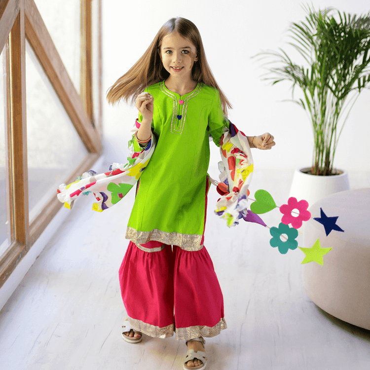 Marigold Sharara Set with Printed Dupatta - Green pink multi coloured lily