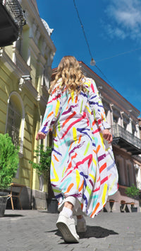 Person wearing Anaario Candy Fever Co-ord Set, white maxi duster with multicolor brushstroke print over matching pants