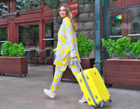 Person wearing Anaario City Girl Co-ord Set, white and yellow abstract print oversized top and matching pants