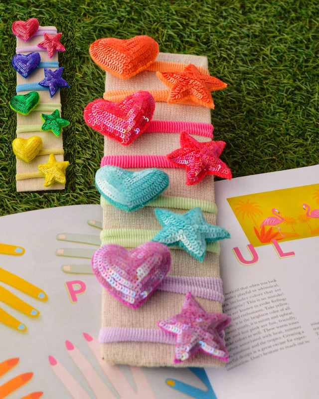 Anaario Heart-Star Hair Ties (Set of 8), assorted colours hair tie set for kids