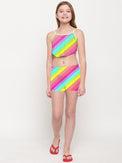 Girl wearing Anaario Multi Colour Tankini, multicolor diagonal stripe tankini top with matching shorts