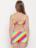 Girl wearing Anaario Multi Colour Tankini, multicolor diagonal stripe tankini top with matching shorts