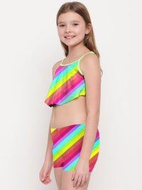Girl wearing Anaario Multi Colour Tankini, multicolor diagonal stripe tankini top with matching shorts