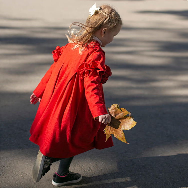 Girl wearing Anaario Red Riding Hood Dress, red ruffle-shoulder coat dress