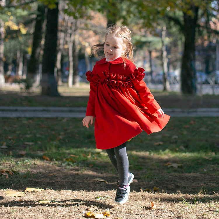 Girl wearing Anaario Red Riding Hood Dress, red ruffle-shoulder coat dress