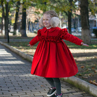 Girl wearing Anaario Red Riding Hood Dress, red ruffle-shoulder coat dress