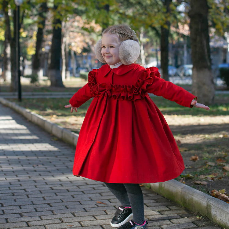 Girl wearing Anaario Red Riding Hood Dress, red ruffle-shoulder coat dress