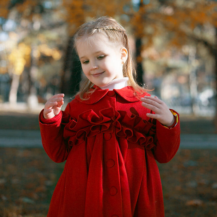 Girl wearing Anaario Red Riding Hood Dress, red ruffle-shoulder coat dress