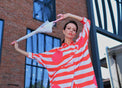 Woman wearing Anaario Sweet Serenade Co-ord Set, red and white striped shirt and matching pants