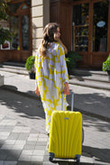 Person wearing Anaario Sweet Serenade Co-ord Set, yellow and white abstract print longline shirt with matching pants